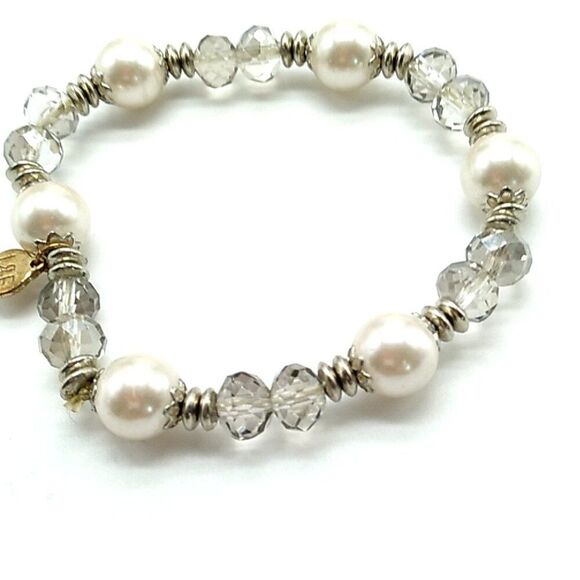 L&F Faux Pearl Crystal Beaded Stretch Bracelet with Silver-tone Spacers - Picture 3 of 8